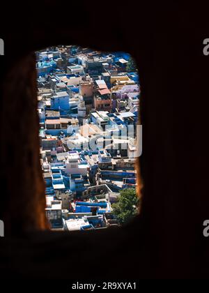 View of Jodhpur city with vivid blue-painted houses window of Mehrangharh fort Stock Photo