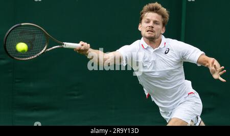 London, UK. 29th June, 2023. Belgian David Goffin pictured during a training session ahead of the 2023 Wimbledon grand slam tennis tournament at the All England Tennis Club, in south-west London, Britain, Thursday 29 June 2023. BELGA PHOTO BENOIT DOPPAGNE Credit: Belga News Agency/Alamy Live News Stock Photo