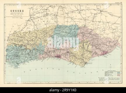 SUSSEX. Antique county map by GW BACON 1884 old vintage plan chart ...