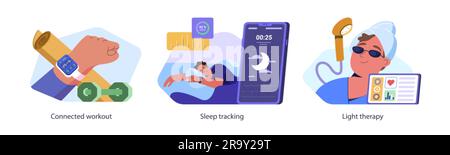 Vector set of sleep tracking, light therapy and connected workout. Digital tracker and diagnostic sleeping app for healthy control. Smart fitness with wearable device for health monitoring. Stock Vector