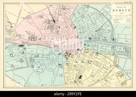 DUBLIN antique town city plan by GW BACON Ireland 1898 old map chart ...