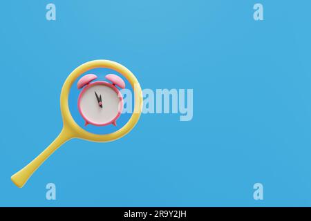 Cartoon alarm clock behind a magnifying glass. 3d rendering Stock Photo