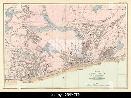 HASTINGS & St Leonards town city plan by GW BACON 1891 old antique map chart Stock Photo