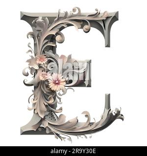 letter e on plasterboard with flowers. Luxury capital letter e decorated with flowers. Decorative capital letter e with floral ornament. 3D rendering Stock Vector