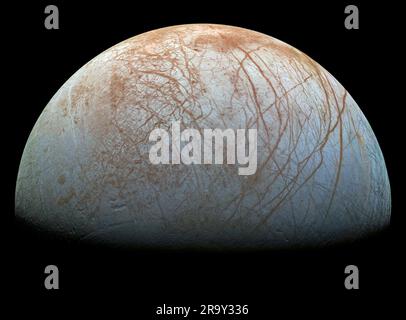 Europa, or Jupiter II, is the smallest of the four Galilean moons orbiting Jupiter, and the sixth-closest to the planet of all the 95 known moons of Jupiter. It is also the sixth-largest moon in the Solar System Stock Photo
