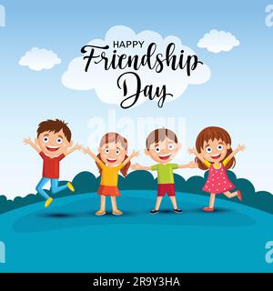 Happy friendship day background greetings with happy kids vector illustration design Stock Vector