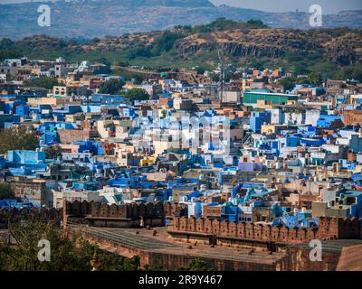 Jodhpur, India - December 24, 2022:  Jodhpur cityscape, the city also known as Blue City of India due to the vivid blue-painted houses. Stock Photo