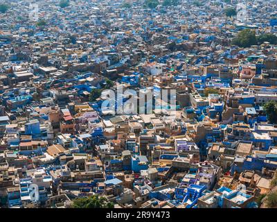 Jodhpur, India - December 24, 2022:  Jodhpur cityscape, the city also known as Blue City of India due to the vivid blue-painted houses. Stock Photo