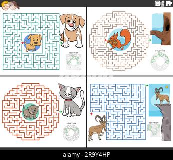 Cartoon illustration of educational maze puzzle activities set with animal characters Stock Vector