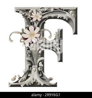 letter f on plasterboard with flowers. Luxury capital letter f decorated with flowers. Decorative capital letter f with floral ornament. 3D rendering Stock Vector