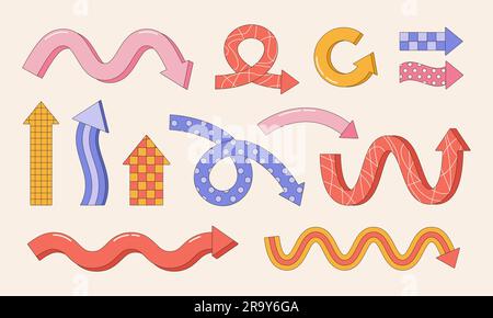 Collection of different abstract playful arrow pointers. Dynamic groovy cartoon arrow signs. Vector illustration Stock Vector