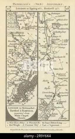 Hackney-Epping-Harlow-Bishop's Stortford road strip map PATERSON 1785 old Stock Photo