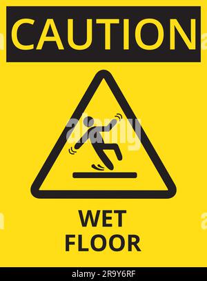 Black and yelow caution wet floor sign Stock Vector