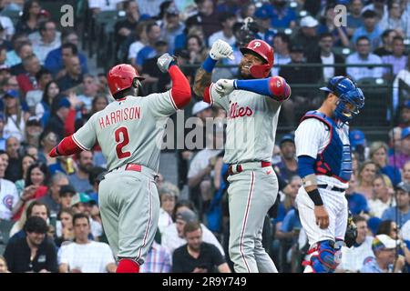 Philadelphia Phillies' Edmundo Sosa, right, scores as Houston Astros  catcher Martin Maldonado stands in front of home plate during the seventh  inning of a baseball game Friday, April 28, 2023, in Houston. (