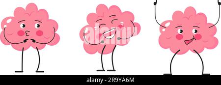 Cartoon brain emoji, emotion brainy vector set. Brainstorming set character in different emotions Stock Vector