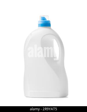 White plastic bottle for liquid detergents for washing, bleaching, softening clothes, detergents, household chemicals on a white background. Stock Photo