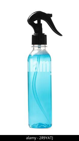 White plastic bottle with sprayer and blue liquid inside for household chemicals, detergents, cleaners, disinfectants, antiseptics, isolated on white. Stock Photo