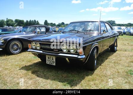 A 1976 Ford Cortina GXL parked on display at the 47th Historic Vehicle Gathering, Powderham, Devon, England, UK. Stock Photo