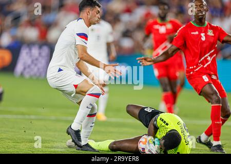 St. Louis, MO. USA; Saint Kitts and Nevis goalkeeper Julani Archibald (18) makes another great save during a CONCACAF Gold Cup match against the Unite Stock Photo