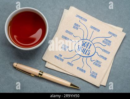 soft skills infographics or mind map sketch on a napkin, business, career and personal development concept Stock Photo