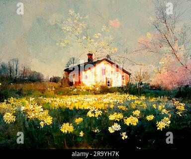 Original oil painting of old rural house on field flowers, beautiful wildflowers on beautiful sunset on canvas. Modern Impressionism.Impasto artwork. Stock Photo
