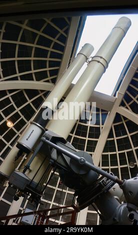 12-inch Zeiss refracting telescope and 9½-inch refracting telescope piggybacking public telescopes Griffith Observatory Los Angeles California USA Stock Photo