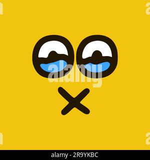 Crying emoticon with closed mouth in doodle style. Cartoon face expressions isolated on yellow background Stock Vector