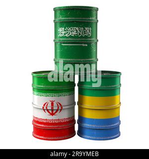 Old Oil Drums with Saudi Arabia, Gabon and Iran national flags. 3D Rendering Stock Photo