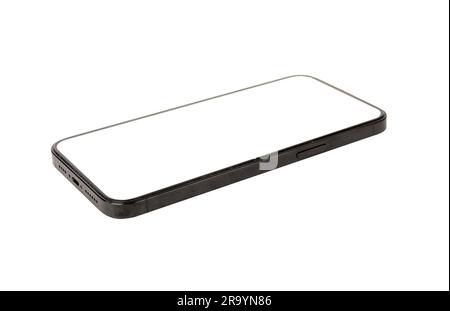 Mobile phone screen mockup lying, laying in perspective view isolated on white. Stock Photo
