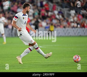 St. Louis, USA. 28th June, 2023. United States defender Matt Miazga (4) passes. The USA defeated Saint Kitts & Nevis 6-0 in a Gold Cup group stage game at CITY Park Stadium in St. Louis, MO on Wednesday June 28, 2023. Photo by Tim Vizer/Sipa USA Credit: Sipa USA/Alamy Live News Stock Photo