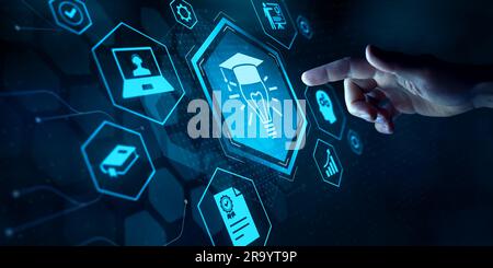 E-learning technology, webinar, online education and training to develop new skills and knowledge. AI-enhanced learning with personalized courses. Rem Stock Photo