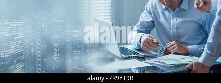 Business people meeting with financial charts analysing data analytics reports. Finance, consulting, auditing, teamwork, collaboration, strategy. Sale Stock Photo