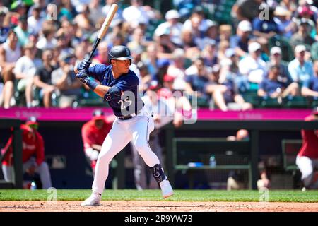 Seattle Mariners third baseman Eugenio Suarez throws to first base against  the Detroit Tigers in a baseball game, Saturday, July 15, 2023, in Seattle.  (AP Photo/Lindsey Wasson Stock Photo - Alamy