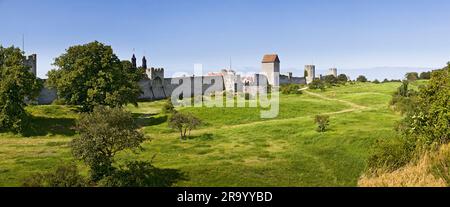 Panoramic shot of green landscape with city walls in the background over clear blue background, Visby, Gotland island, Sweden. Stock Photo