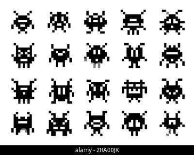 Arcade game pixel monsters characters. 8 bit retro pixel art game asset ...