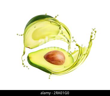 Avocado oil splash and splatters. Isolated 3d vector realistic fruit with liquid flow captured in mid-air motion, bring a burst of freshness and vibrancy, creating dynamic visual effect Stock Vector