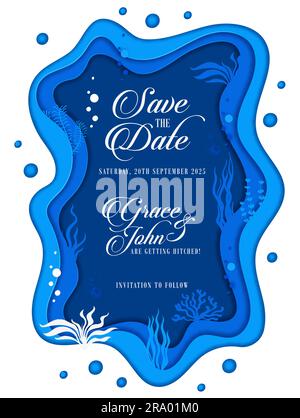 Wedding invitation with sea paper cut landscape and seaweed silhouettes ...