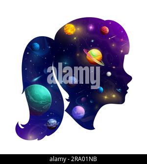 Girl head silhouette with cartoon galaxy space. Double exposition. Enchanting vector female face profile with mesmerizing beauty of cosmos with stars, planets, nebulae and comets within of her head Stock Vector