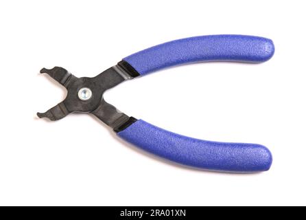 chain tool for bike maintenance (master link pliers to connect bicycle chains) blue, black metal isolated on white background, cut out (cycling, bikin Stock Photo