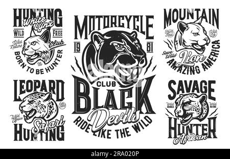 Puma, lynx, cheetah, leopard and mountain lion mascots and t-shirt prints. Sport team or safari hunting club clothing, tshirt custom print, vector emblem or symbol with african, jungle wild cats heads Stock Vector