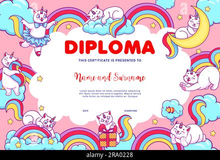 Kids diploma, cartoon caticorn cats on rainbow and clouds, vector education certificate. Cute cat unicorn or caticorn kitten characters playing on school or kindergarten workshop diploma background Stock Vector
