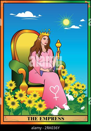 Empress tarot card. The Empress sits in an armchair in nature amongst sunflowers and brown rabbits. A sunny beautiful day. Tarot Cards Stock Vector