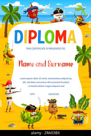 Kids diploma cartoon vegetable pirates and corsairs characters. Vector certificate with bell pepper, champignon, olive and bean. Radish, potato, kohlrabi and cabbage filibusters on island award frame Stock Vector
