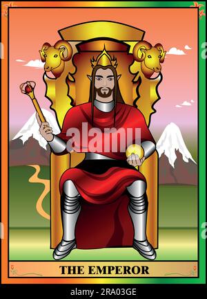 Tarot card emperor. The emperor sits in his throne of gold holding a sceptre and orb of power. The emperor defends his land and his people. Stock Vector