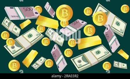 Lots of stacks of dollars, stacks of euros, bitcoin coins. Different currencies in large quantities. Background of different kinds of currencies. Cryp Stock Vector