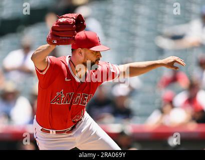 ANAHEIM, CA - JUNE 29: Los Angeles Angels pitcher Jose Soriano (59)  pitching during an MLB baseball game against the Chicago White Sox played  on June 29, 2023 at Angel Stadium in