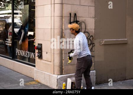 Seattle, USA. 29 Jun, 2023. Downtown Seattle Graffiti clean up. Stock Photo