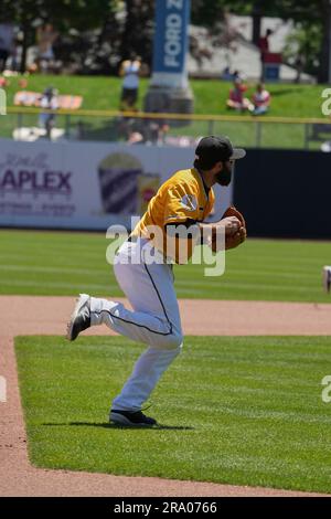 Salt Lake UT, USA. 25th June, 2023. Salt Lake third baseman Michael Stefanic (9) makes a play during the game with Sugar Land Space Cowboys and Salt Lake Bees held at Smiths Field in Salt Lake Ut. David Seelig/Cal Sport Medi. Credit: csm/Alamy Live News Stock Photo