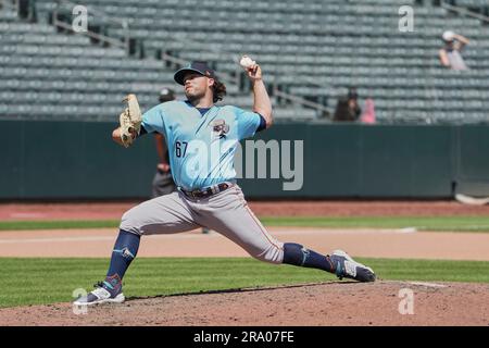 Salt Lake UT, USA. 25th June, 2023. Sugar Land pitcher Parker Mushinski (67) throws a pitch during the game with Sugar Land Space Cowboys and Salt Lake Bees held at Smiths Field in Salt Lake Ut. David Seelig/Cal Sport Medi. Credit: csm/Alamy Live News Stock Photo