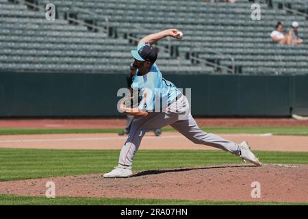 Salt Lake UT, USA. 25th June, 2023. Sugar Land pitcher Joe Record (28) throws a pitch during the game with Sugar Land Space Cowboys and Salt Lake Bees held at Smiths Field in Salt Lake Ut. David Seelig/Cal Sport Medi. Credit: csm/Alamy Live News Stock Photo